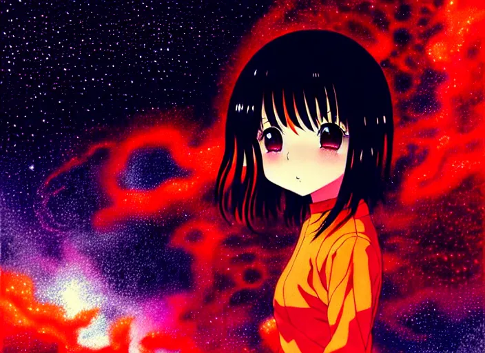 Image similar to anime full portrait of a young girl floating inside a nebula ,omoide emanon, tsuruta kenji, murata range,kawaii, kyoto animation, manga, intricate, detailed, studio lighting, orange red black white, gradation,editorial illustration, matte print, Ilya Kuvshinov