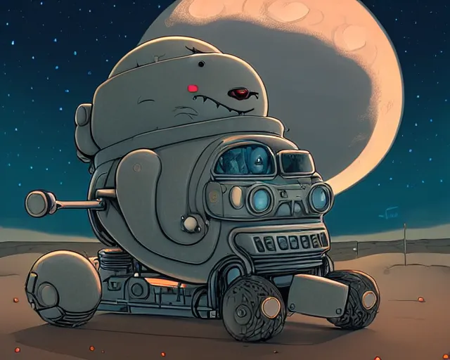 Prompt: a cell shaded cartoon grey lovecraftian mechanized santa, rotund shape, on a desert road, wide shot, in front of a big moon, muted colors, post grunge, josan gonzales, wlop, by james jean, victor ngai, hq, deviantart, art by artgem