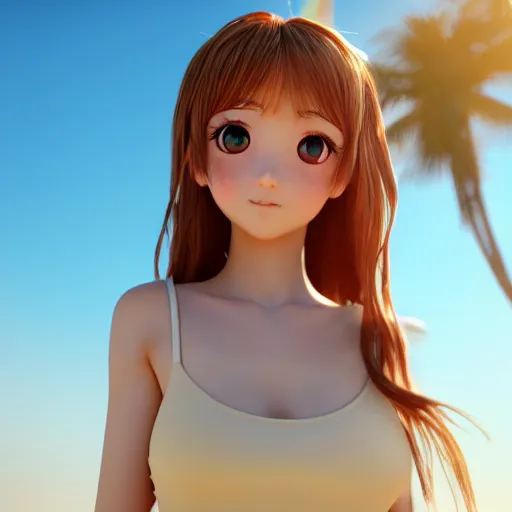 Image similar to Render of a very beautiful 3d anime girl, long hair, hazel eyes, cute freckles, full round face, short smile, cute sundress, golden hour, serene beach setting, medium shot, mid-shot, highly detailed, trending on Artstation, Unreal Engine 4k