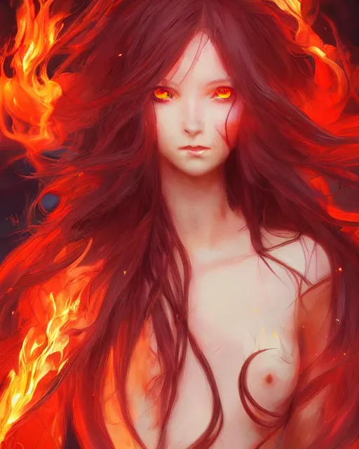 Image similar to red eyed beautiful long haired anime girl, fire dress, full body photo, flames everywhere, highly detailed, digital painting, artstation, concept art, smooth, sharp focus, illustration, art by artgerm and greg rutkowski and alphonse mucha