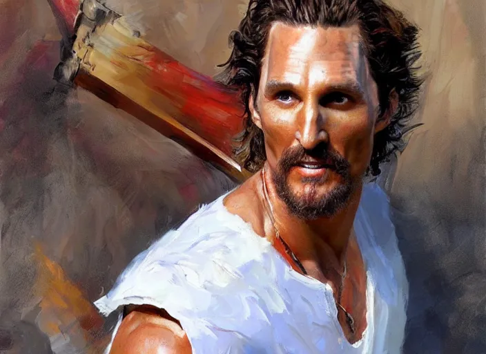 Image similar to a highly detailed beautiful portrait of matthew mcconaughey as kratos, by gregory manchess, james gurney, james jean