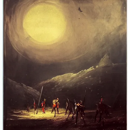 Image similar to holy knight in golden armor with a runnic sword fighting demons in hell, black ground and sky, red sun and rivers of blood, peder balke style