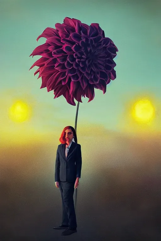 Image similar to portrait giant dahlia flower head, frontal, girl in a suit, standing in street, surreal photography, sunrise, dramatic light, impressionist painting, digital painting, artstation, simon stalenhag