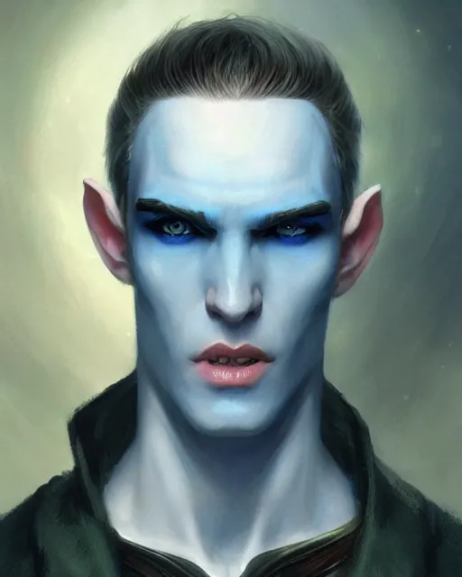 Image similar to character portrait of a slender young half elven man with white hair and white eyebrows, piercing bright blue eyes, and pale bluish skin, by greg rutkowski, mark brookes, jim burns, tom bagshaw, trending on artstation