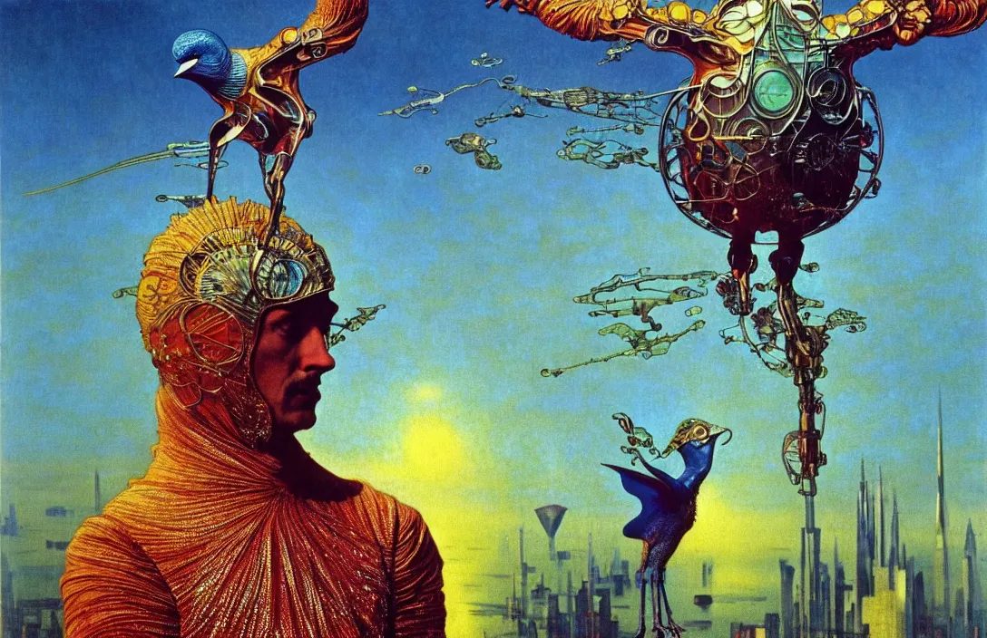 Image similar to realistic detailed portrait movie shot of a birdman wearing reflective transparent robes, sci fi city landscape background by denis villeneuve, amano, yves tanguy, alphonse mucha, ernst haeckel, max ernst, roger dean, masterpiece, rich moody colours, blue eyes