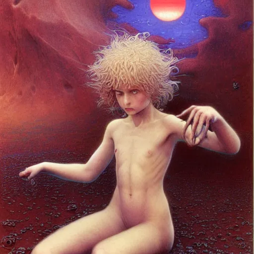 Prompt: cute young vampire tomboy girl with short short short dark hairs on lovecraftian planet by jean delville by luis royo and wayne barlowe, beksinski