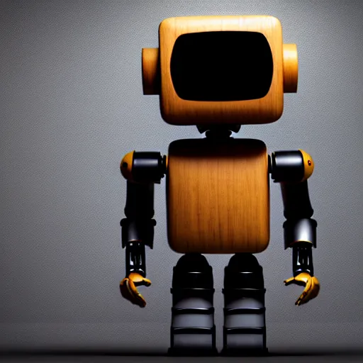 Image similar to a cute little robot, material wood. super realistic 8 k render of a dark hooded powerful elegant, cinematic composition