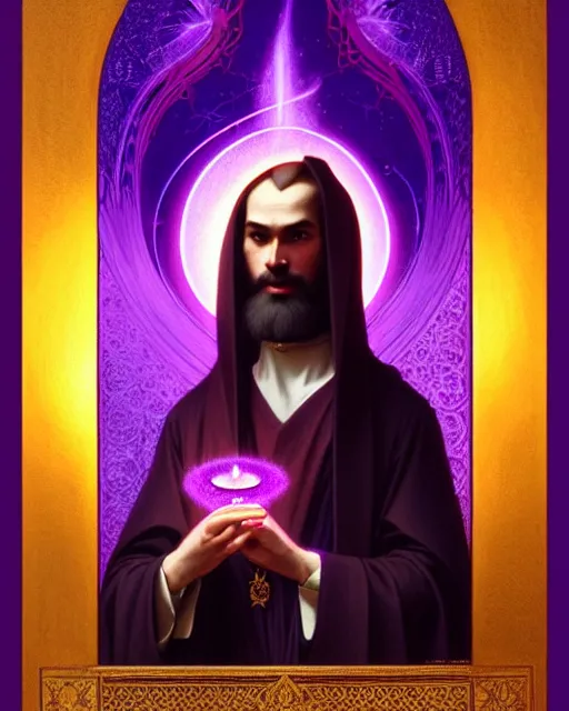 Prompt: portrait of saint germain, he holding the violet purple indigo flame, completely violet colored, intricate, elegant, highly detailed, digital painting, artstation, concept art, smooth, sharp focus, illustration, art by artgerm and greg rutkowski and fra angelico and alphons mucha