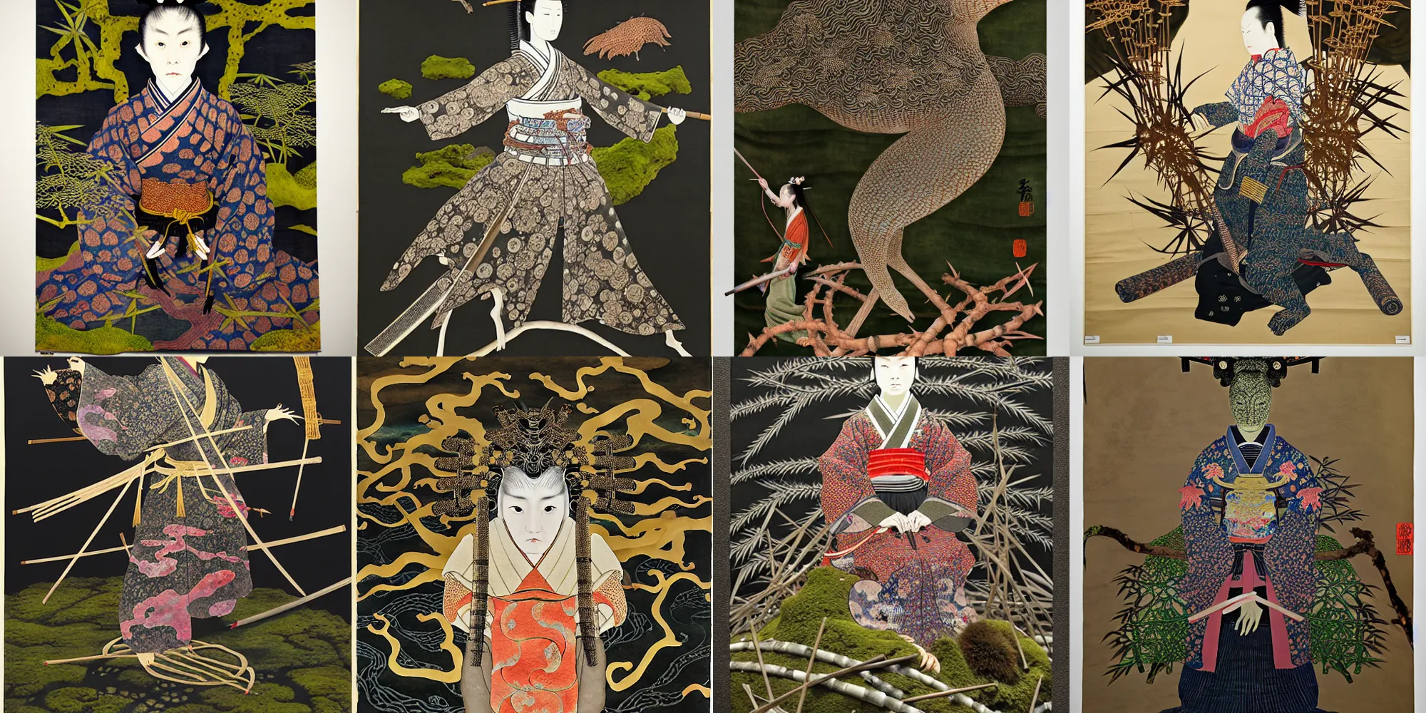 Prompt: ancient japanese samurai, by kiki smith, by maria sibylla merian, by wangechi mutu, chinese painting, concept art, third - person, 3 - dimensional, 1 6 k, rim lights, moss, bamboo, insanely detailed and intricate, hypermaximalist, elegant, ornate, hyper realistic, super detailed