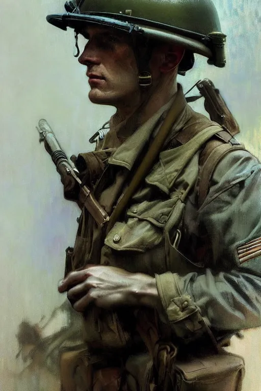 Image similar to hyperrealist portrait of a ww 2 soldier by jeremy mann and alphonse mucha, fantasy art, photo realistic, dynamic lighting, artstation, poster, volumetric lighting, very detailed faces, 4 k, award winning
