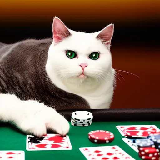 Prompt: fat mobster cat gambling at a poker table smokey photo