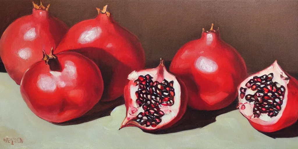 Prompt: pomegranates on the table, oil paint