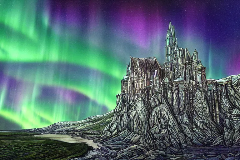 Image similar to highly detailed photoreal eldritch biomechanical castle on a cliff, aurora borealis, psychedelic