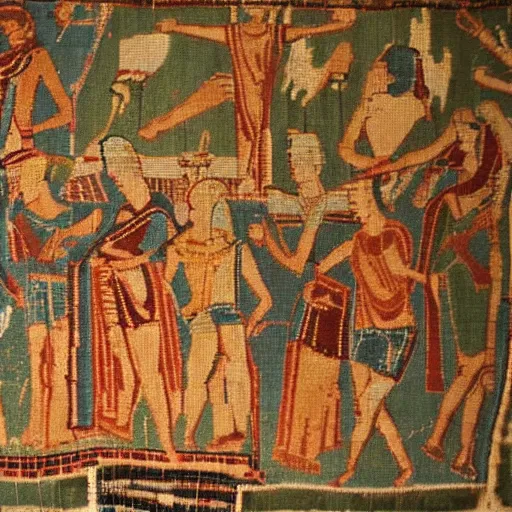 Image similar to ancient tapestry of an absolutely chaotic nightclub scene