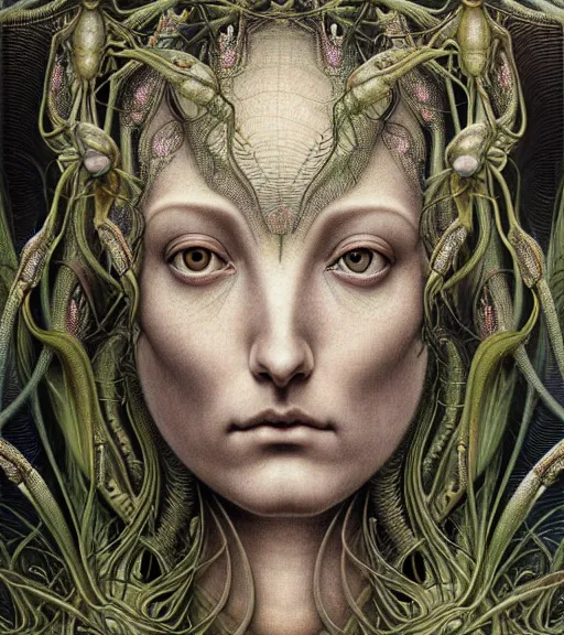 Prompt: detailed realistic beautiful mantis goddess face portrait by jean delville, gustave dore, iris van herpen and marco mazzoni, art forms of nature by ernst haeckel, art nouveau, symbolist, visionary, gothic, neo - gothic, pre - raphaelite, fractal lace, intricate alien botanicals, ai biodiversity, surreality, hyperdetailed ultrasharp octane render