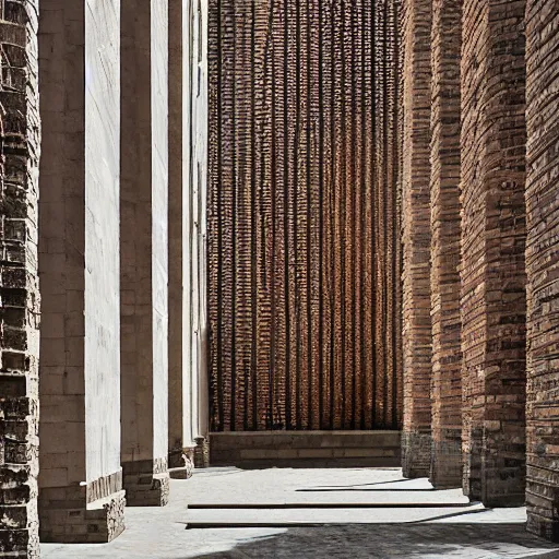 Prompt: courtyard of a monastary made of resursively stacked bricks, fusion of carlo scarpa and thomas heatherwick, architectural photography