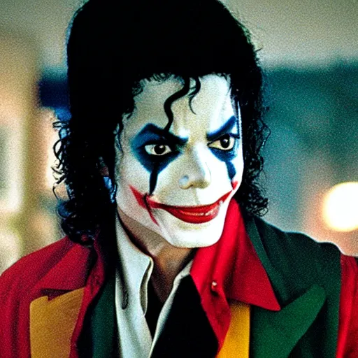 Image similar to a film still of Michael Jackson starring as The Joker, 40mm lens, shallow depth of field, split lighting, cinematic