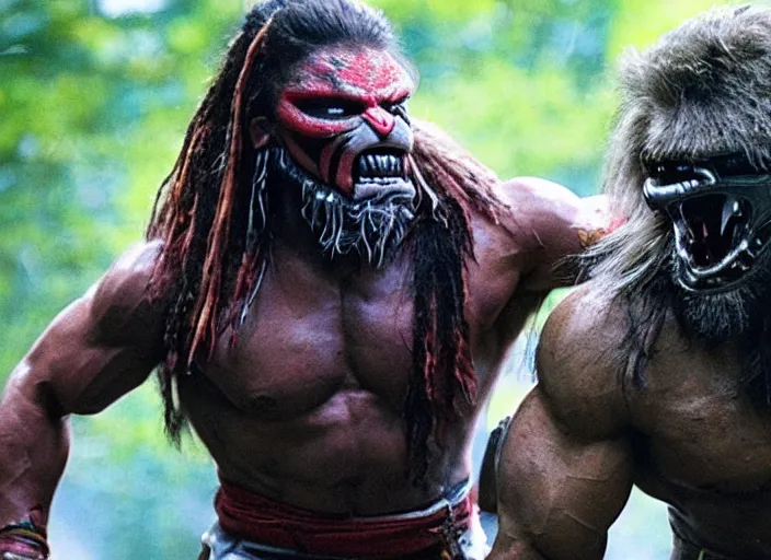 Prompt: the ultimate warrior fighting the predator, movie still, from the new predator movie, 8 k, realistic