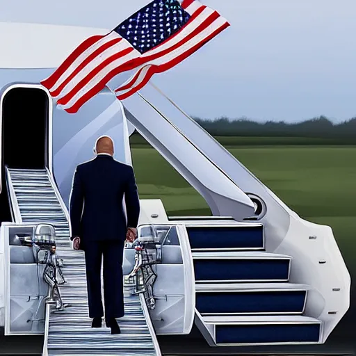 Image similar to dwayne johnson as president of the united states walking down the steps of air force one. photorealistic.