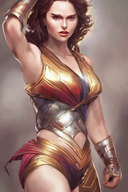 Image similar to three quarters portrait pose of a beautiful woman, strong body,super heroine costume,super powers, fantasy, intricate, elegant, highly detailed, digital painting, artstation, concept art,shining, sharp focus, illustration, art by Stanley Lau