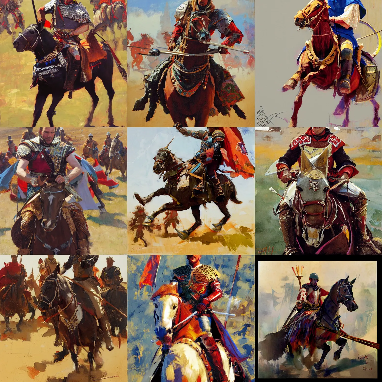 Prompt: portrait of kevin costner as rider with couched jousting lance, colorful caparisons, chainmail, detailed by greg manchess, craig mullins, bernie fuchs, walter everett