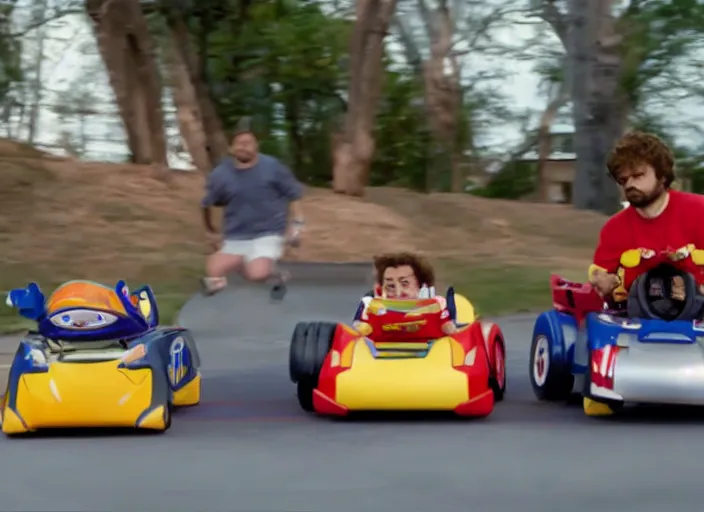 Prompt: peter dinklage racing patrick ewing driving a little tikes cars, movie still, from the new fast and furious movie, 8 k, realistic