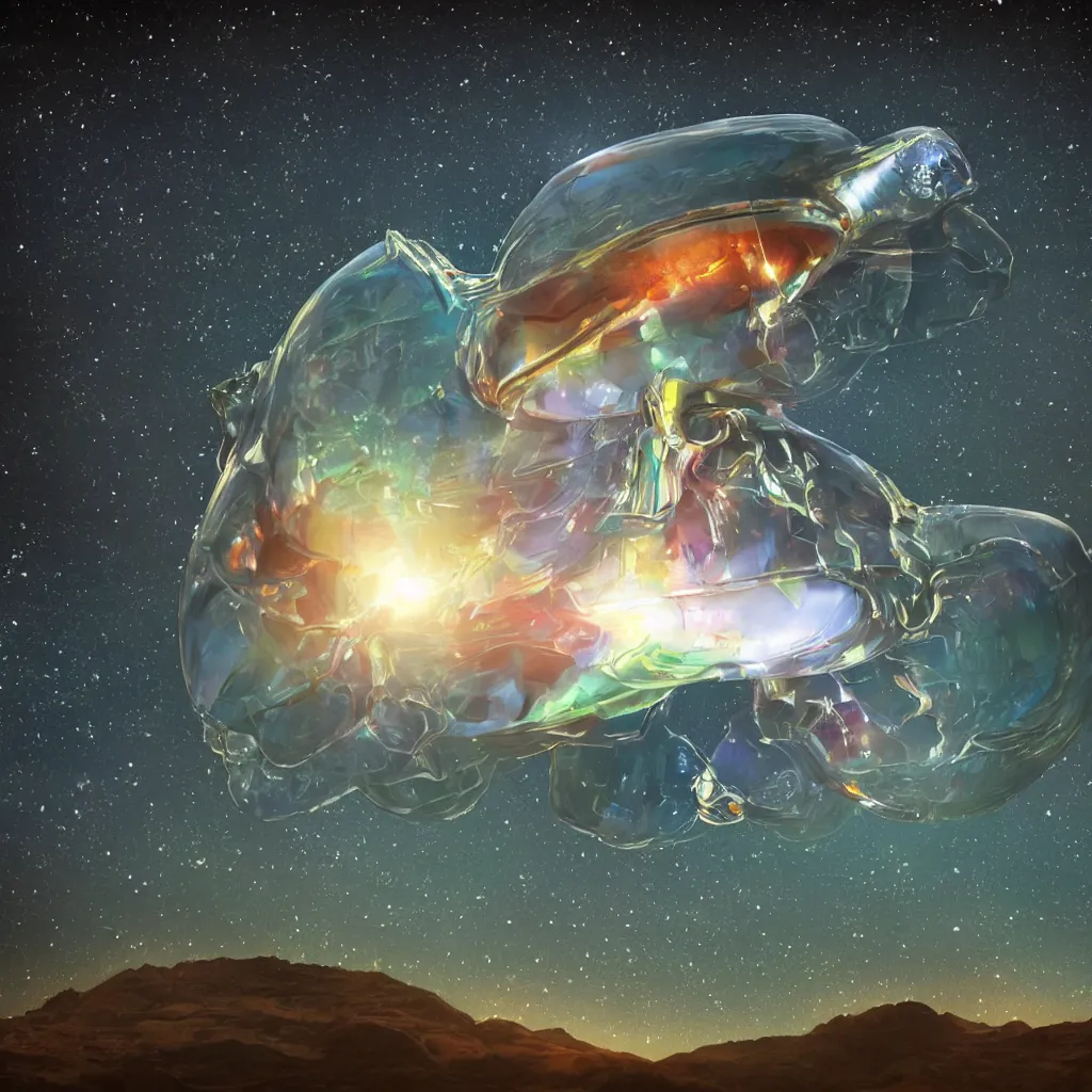 Prompt: organic transparent glass alien colossal squid mothership with searchlights flying over a mountainous alien landscape with visible galaxies in the sky, refraction, reflections, chromatic aberration, light scatter, ray tracing, golden hour, dramatic sci-fi movie still, high contrast, thrilling, awe inspiring, stunning