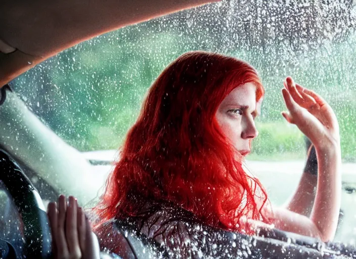 Image similar to A very high resolution image from a new movie, inside of a car, teen red hair woman, raining, hot, directed by wes anderson