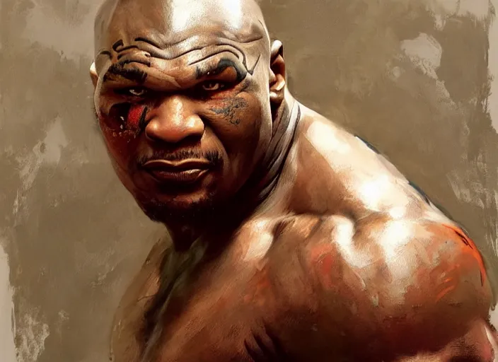 Prompt: a highly detailed beautiful portrait of mike tyson as kratos, by gregory manchess, james gurney, james jean