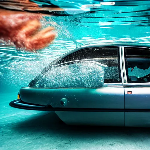 Image similar to hyperrealistic photo of an old jaguar car underwater in a swimming pool, 4 k, 8 k, thin film, full shot