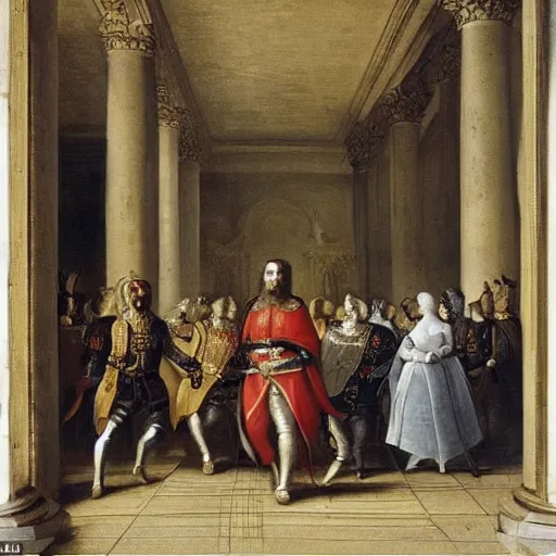 Prompt: a king walks with a powerful stride in his palace as worried courtiers gather around him, high fantasy art