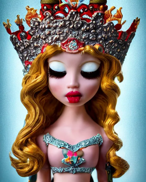 Image similar to closeup face profile portrait of a tin toy fairytale princess wearing a crown eating cakes in the castle, bikini, depth of field, zeiss lens, detailed, symmetrical, centered, fashion photoshoot, by nicoletta ceccoli, mark ryden, lostfish, breathtaking, 8 k resolution, extremely detailed, beautiful, establishing shot, artistic, hyperrealistic, octane render