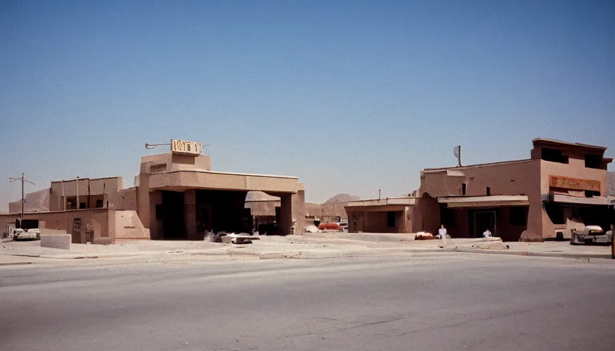 Image similar to 1 9 7 0 s movie still of a empty mammoth stalinist style town with high - rise in the desert, cinestill 8 0 0 t 3 5 mm eastmancolor, heavy grain, high quality, high detailed