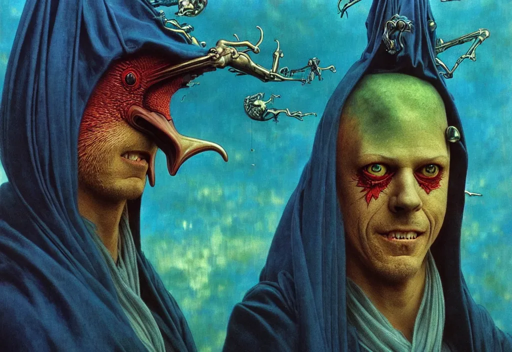 Image similar to realistic detailed portrait movie shot of a birdman wearing dark robes, sci fi city landscape background by denis villeneuve, amano, yves tanguy, alphonse mucha, ernst haeckel, max ernst, roger dean, masterpiece, rich moody colours, blue eyes, snarling dog teeth