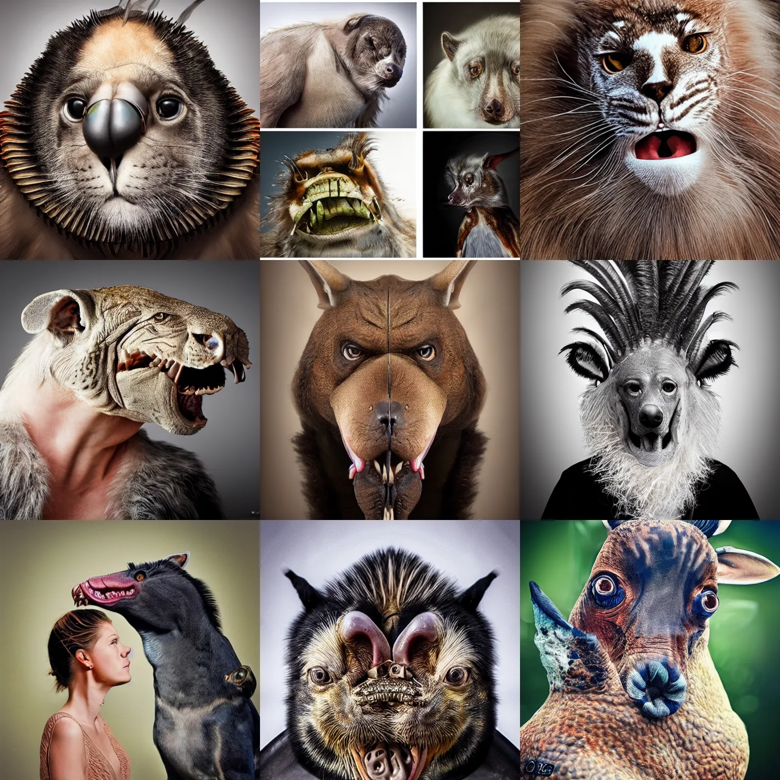 Prompt: the most bizarre hybrid animals, photorealism, accurate, highly detailed, candid photography, professional portrait photography