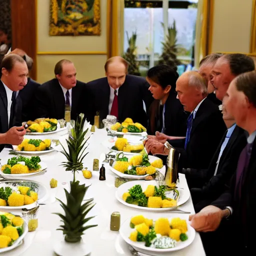 Prompt: Putin dines on tiny pineapples, at his feet huddle jaguar ladies, the room is raucous and joyful, high definition.