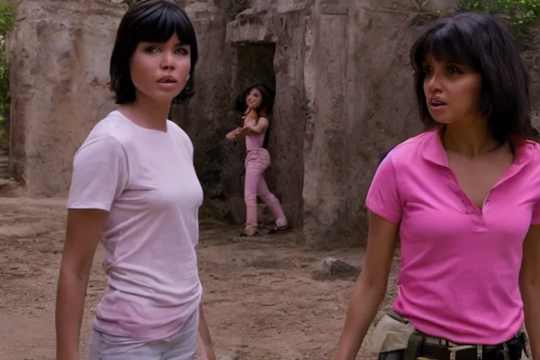 Prompt: Isabela Merced as Dora the Explorer wearing a pink shirt vs Angelina Jolie as Lara Croft wearing a white shirt standing in an ancient temple, high resolution movie still, film by Simon West