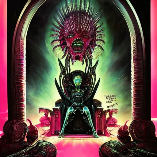 Image similar to Alien Queen sits on the throne, very colourful, highly detailed, black horror, H.R. Giger, artstation, intricate, smooth, sharp focus, bright, happy, illustration, art by Artgerm and Greg Rutkowski and Alphonse Mucha and Yuumei, good clear quality, lighting, biology, symmetrical artwork, perfect face, 135 mm, cinematic, hyper realism, glittering ice, dark, moonlight, high detail, octane render, 8k, crimson highlights