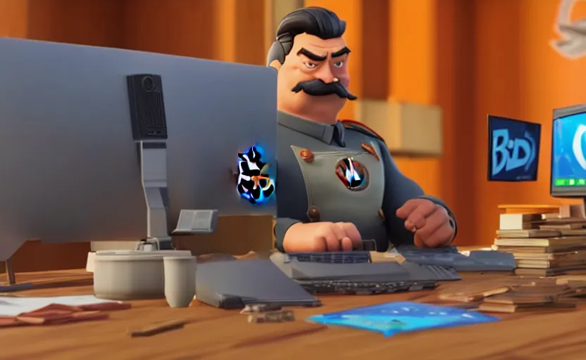 Image similar to very cute angry realistic josef stalin trading bitcoin in front of computer, disney pixar character concept artwork, 3 d concept, fortnite character, high detail iconic character for upcoming film, 8 k octane render