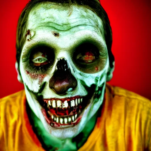 Image similar to real color portrait photo of a zombie smiling