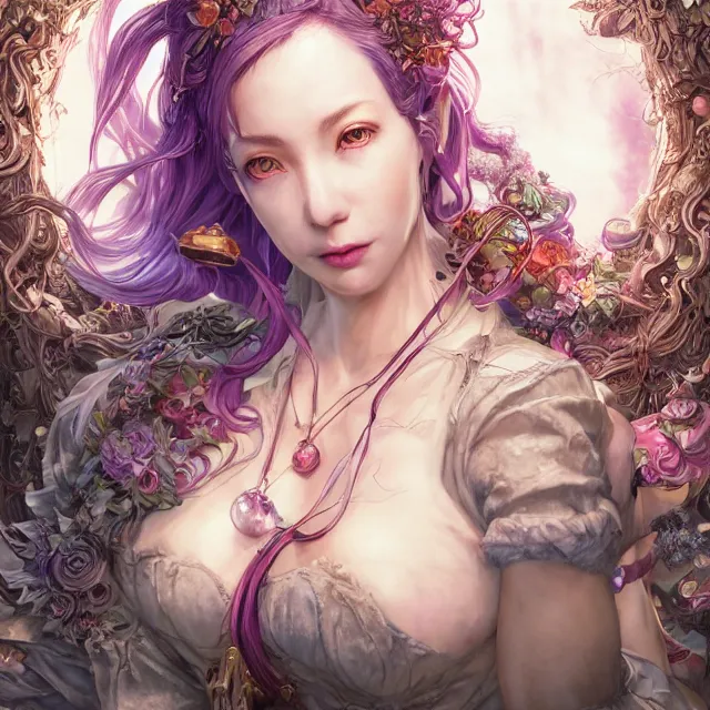 Image similar to the portrait of chaotic good female druid alchemist as absurdly beautiful, gorgeous, elegant, young gravure idol, an ultrafine hyperdetailed illustration by kim jung gi, irakli nadar, intricate linework, sharp focus, bright colors, octopath traveler, final fantasy, unreal engine 5 highly rendered, global illumination, radiant light, detailed and intricate environment