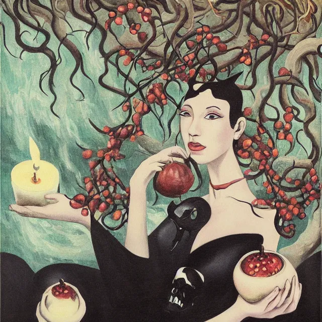 Prompt: tall female catgirl artist holding a skull in her flooded apartment, pomegranates, octopus, water gushing from ceiling, painting of flood waters inside an artist's apartment, a river flooding indoors, candles, ikebana, zen, rapids, waterfall, black swans, canoe, berries, acrylic on canvas, surrealist, by magritte and monet