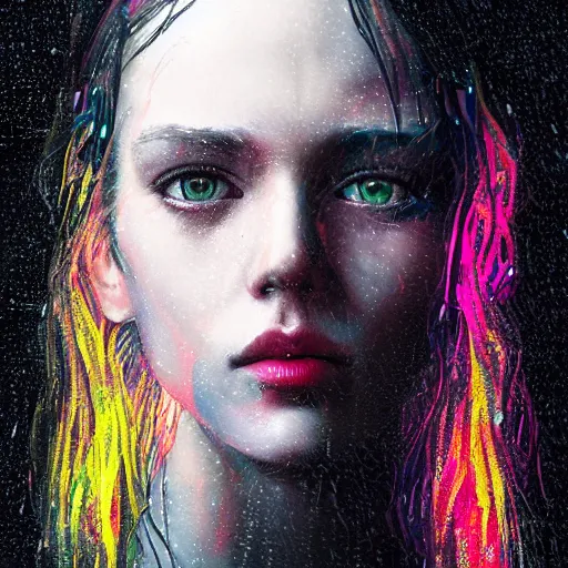 Prompt: bright aesthetic portrait LSD glowing backlit rain on face and wet hair, cyberpunk, overhead lighting, fantasy, intricate, elegant, dramatic lighting, highly detailed, lifelike, photorealistic, digital painting, artstation, illustration, concept art, smooth, sharp focus, art by John Collier and Albert Aublet and Krenz Cushart and Artem Demura and Alphonse Mucha