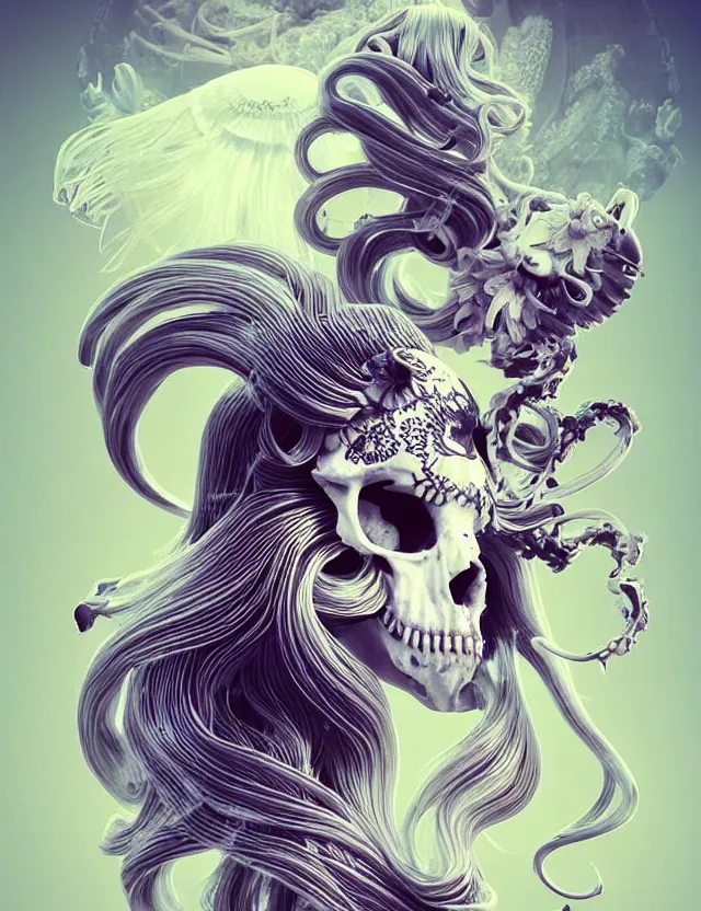 Image similar to 3 d goddess ram skull half - turn portrait with long hair with ram skull. beautiful intricately detailed japanese crow kitsune mask and clasical japanese kimono. betta fish, jellyfish phoenix, bio luminescent, plasma, ice, water, wind, creature, artwork by tooth wu and wlop and beeple and greg rutkowski