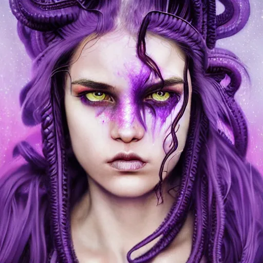 Image similar to detailed photo portrait of a furious teen girl with thin, hair-like purple tentacles on her head and bright purple eyes, 8k,by tristan eaton, Stanley Artgermm,Tom Bagshaw,Greg Rutkowski,Carne Griffiths,trending on DeviantArt, face enhance,hyper detailed ,full of colour, dramatic lightning