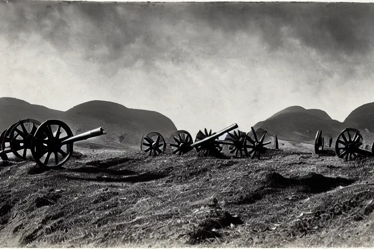 Image similar to ww 1 artillery pieces entrenched with a beautiful background of hills and mountains, black and white photography, 1 9 0 5