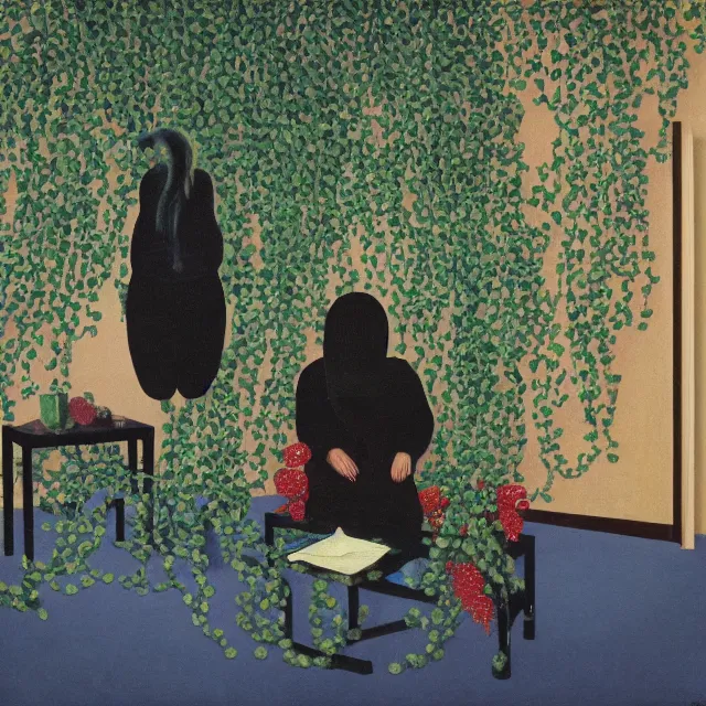 Prompt: a pathology student in her apartment, wrapped in vines, stepping stones, octopus, berries, black walls, ikebana, black armchair, sculpture, moss, acrylic on canvas, surrealist, by magritte and monet