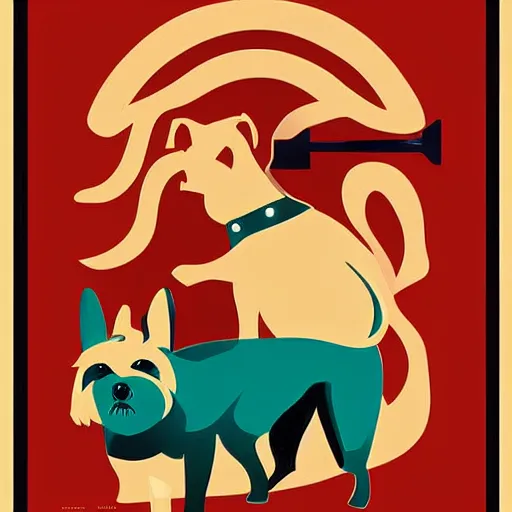 Image similar to retro poster with a painting of a blond terrier standing on a wall, an art deco painting by tom whalen, trending on behance, art deco, digital illustration, storybook illustration, art deco, flat shading, vector art, airbrush