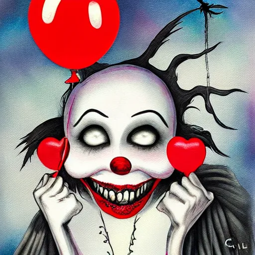 Image similar to grunge cartoon painting of a raven with a wide smile and a red balloon by chris leib, loony toons style, pennywise style, corpse bride style, horror theme, detailed, elegant, intricate