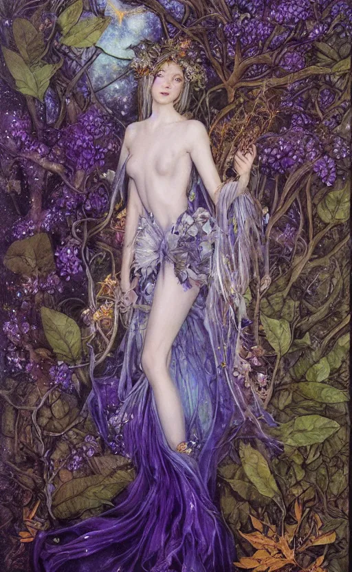 Image similar to fey queen of the summer forest, dress of leaves, fine features, thin, young, silver shimmering hair, by brian froud, stars, night colors, night, purple blue black, oil on canvas, oil panting